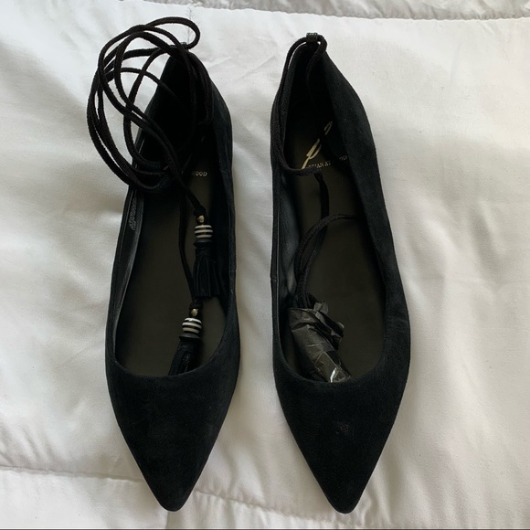 B Brian Atwood Skylar Lace Up Black Suede Flats - Picture 7 of 16